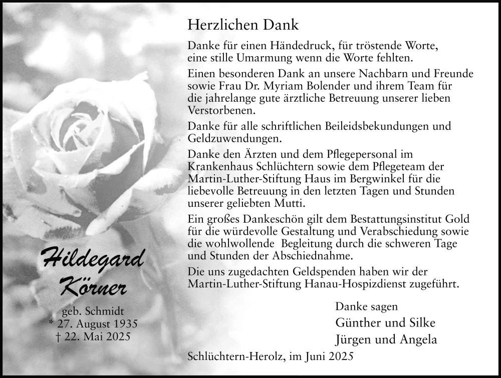  Traueranzeige für Hildegard Körner vom 28.06.2025 aus FZ