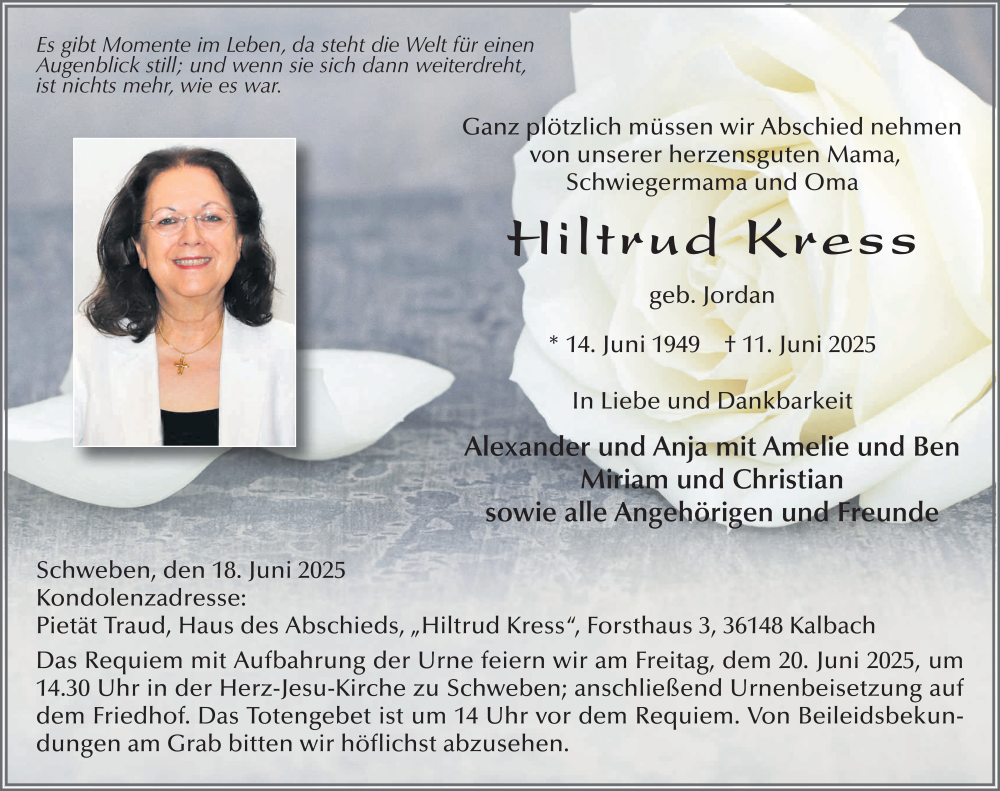 Traueranzeige für Hiltrud Kress vom 18.06.2025 aus FZ