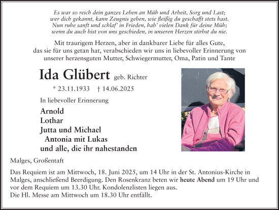 Traueranzeige von Ida Glübert von FZ
