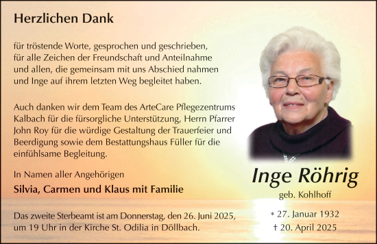 Traueranzeige von Inge Röhrig von FZ
