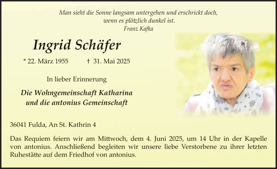 Traueranzeige von Ingrid Schäfer von FZ