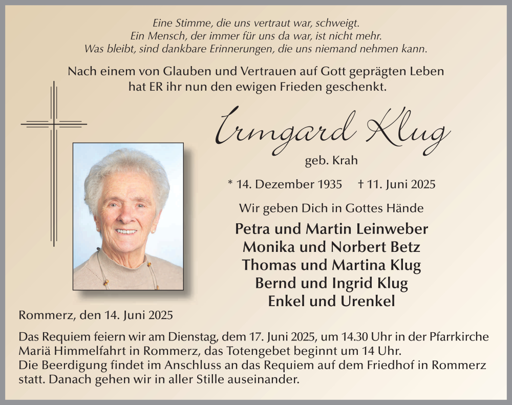  Traueranzeige für Irmgard Klug vom 14.06.2025 aus FZ