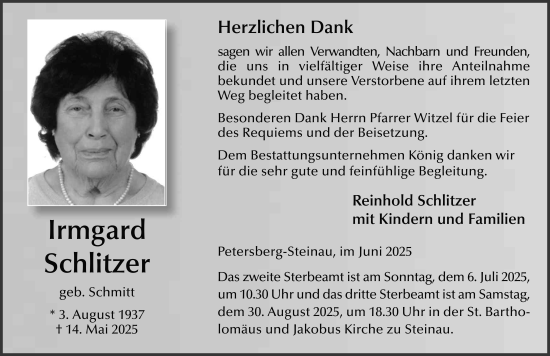 Traueranzeige von Irmgard Schlitzer von FZ