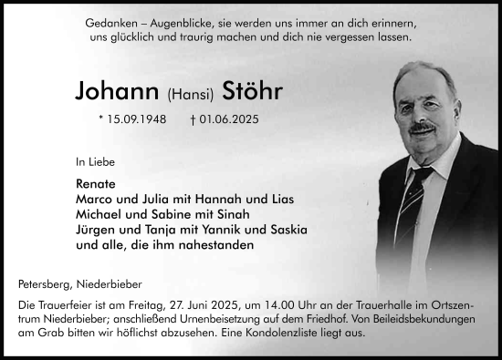 Traueranzeige von Johann Stöhr von FZ