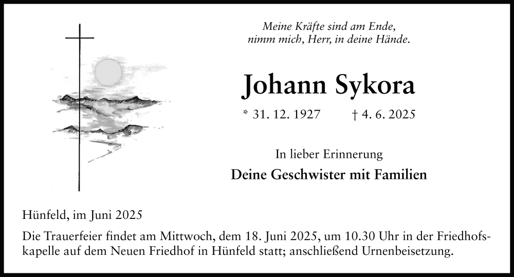  Traueranzeige für Johann Sykora vom 16.06.2025 aus FZ
