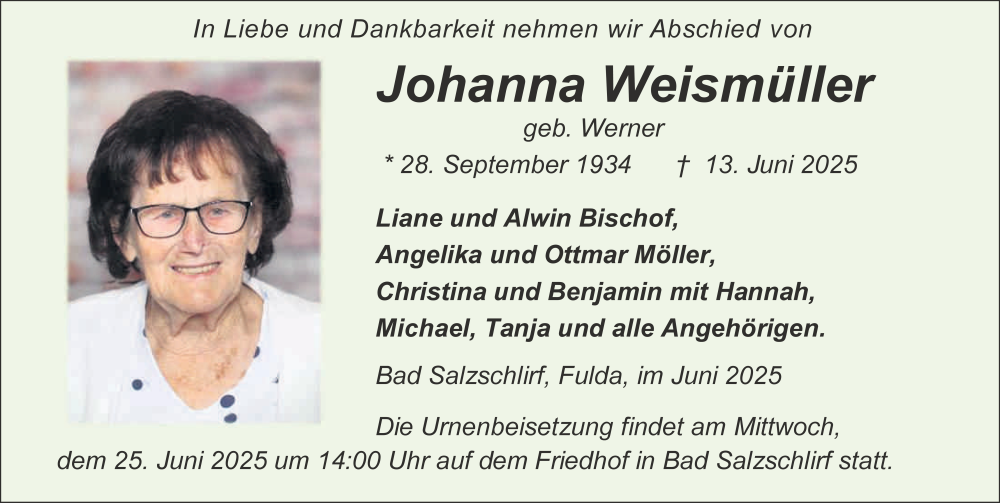  Traueranzeige für Johanna Weismüller vom 21.06.2025 aus FZ