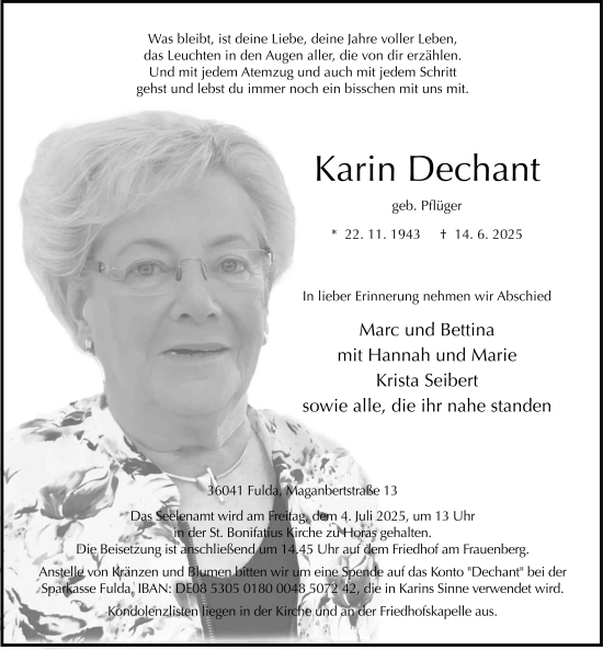 Traueranzeige von Karin Dechant von FZ