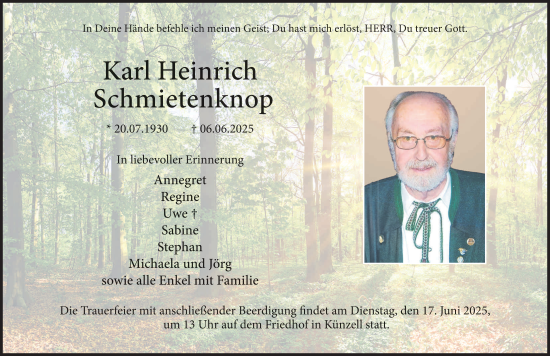 Traueranzeige von Karl Heinrich Schmietenknop von FZ