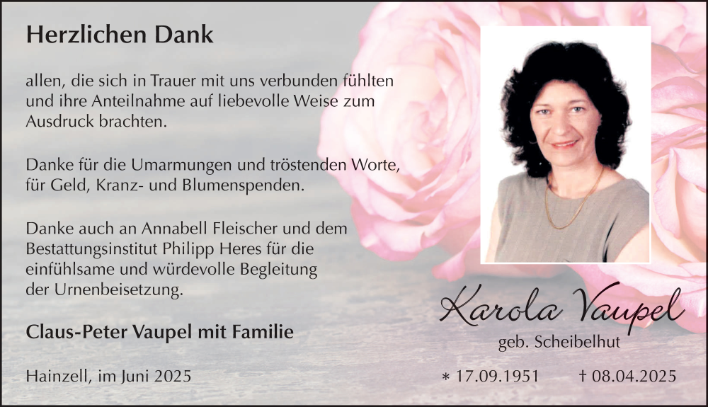 Traueranzeige für Karola Vaupel vom 04.06.2025 aus FZ