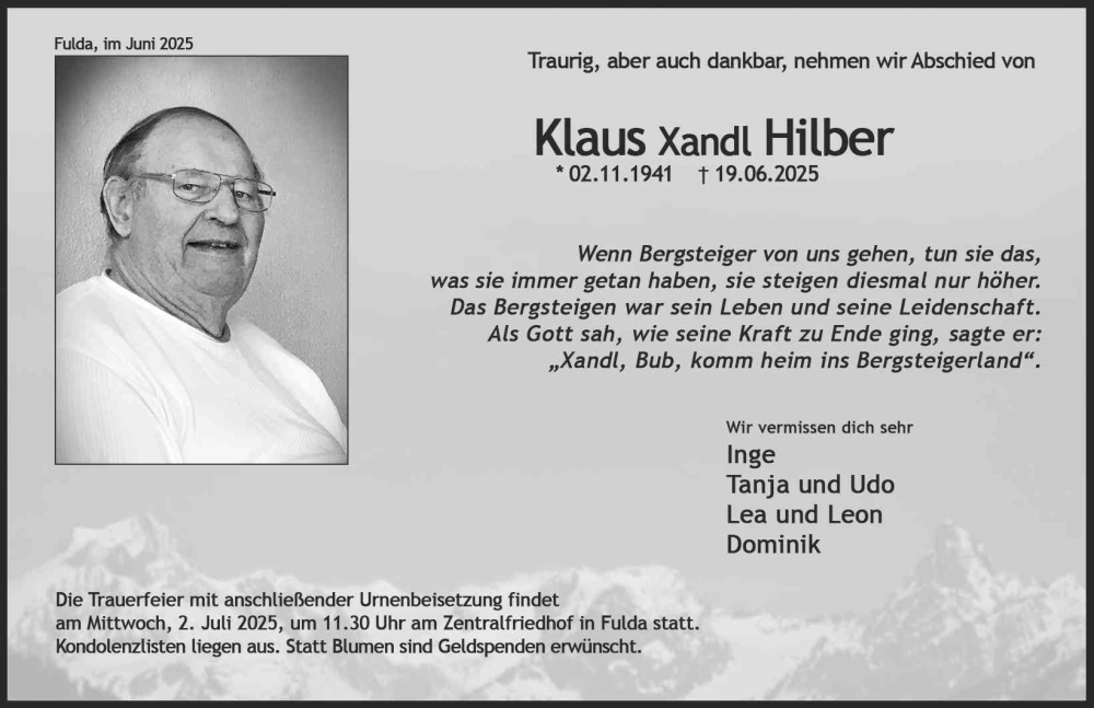  Traueranzeige für Klaus Hilber vom 27.06.2025 aus FZ