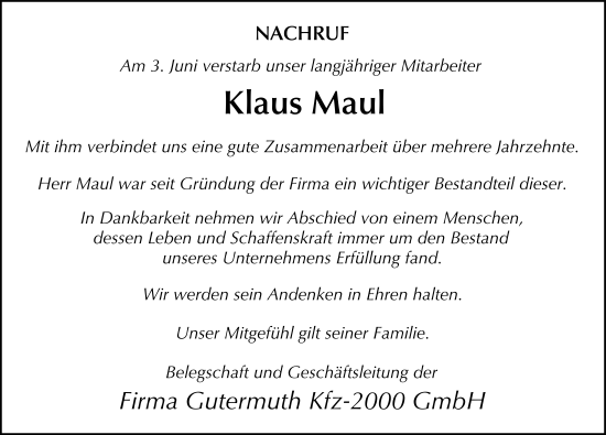 Traueranzeige von Klaus Maul von FZ