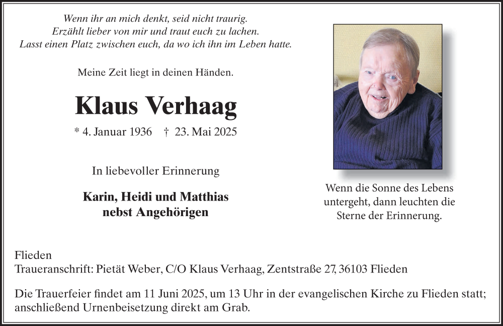  Traueranzeige für Klaus Verhaag vom 06.06.2025 aus FZ