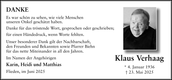 Traueranzeige von Klaus Verhaag von FZ