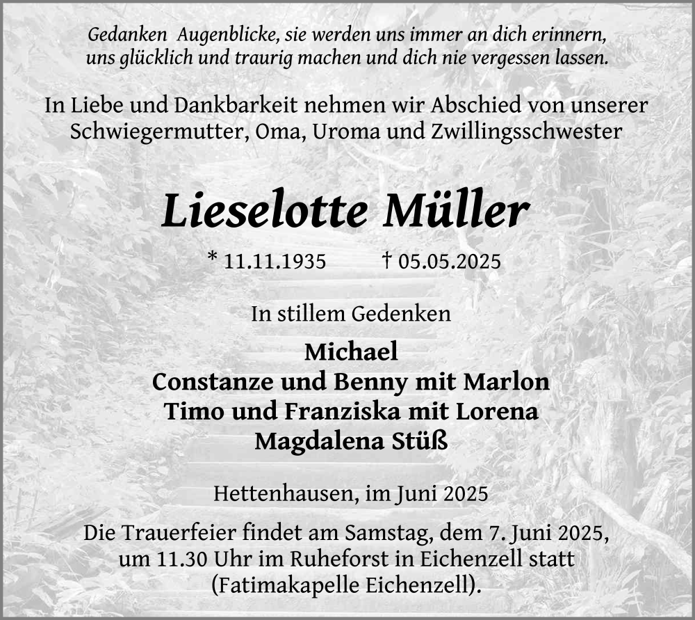  Traueranzeige für Lieselotte Müller vom 04.06.2025 aus FZ