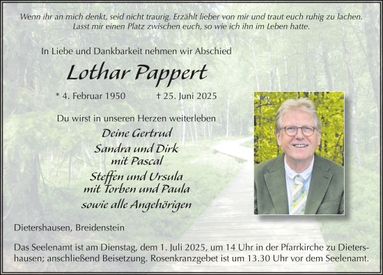 Traueranzeige von Lothar Pappert von FZ