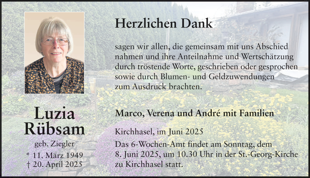  Traueranzeige für Luzia Rübsam vom 02.06.2025 aus FZ