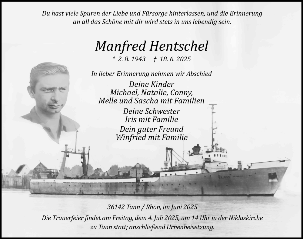  Traueranzeige für Manfred Hentschel vom 27.06.2025 aus FZ