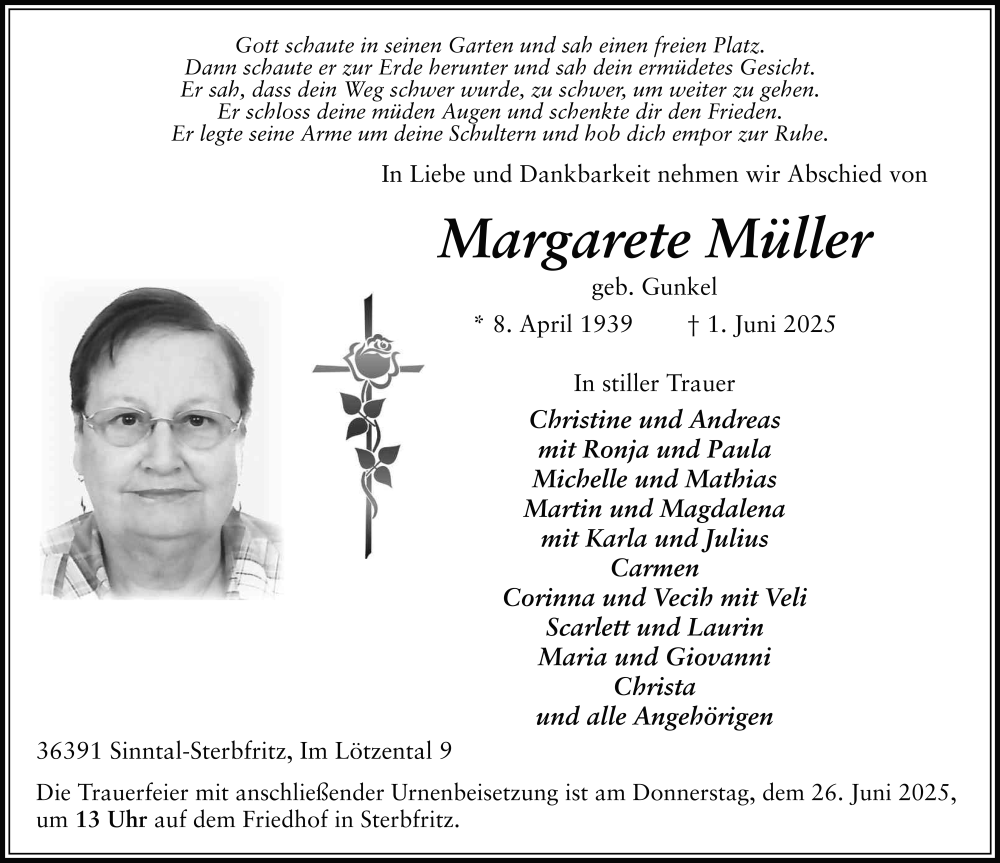  Traueranzeige für Margarete Müller vom 21.06.2025 aus FZ