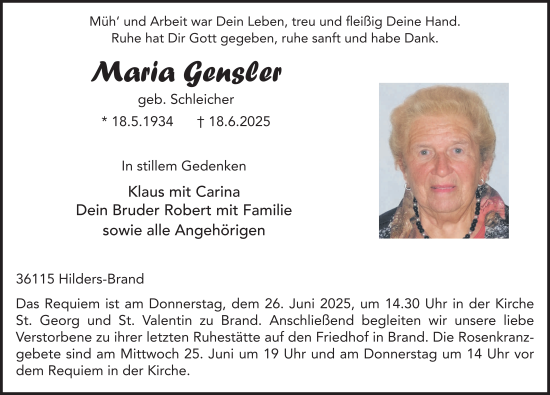 Traueranzeige von Maria Gensler von FZ