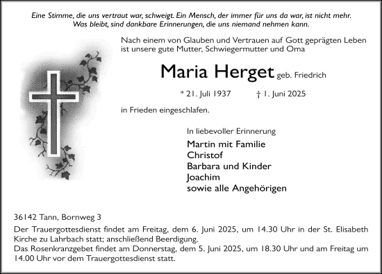Traueranzeige von Maria Herget von FZ