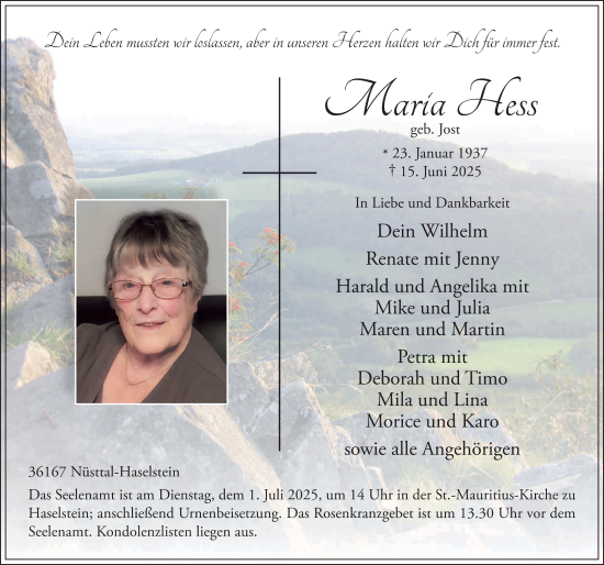 Traueranzeige von Maria Hess von FZ