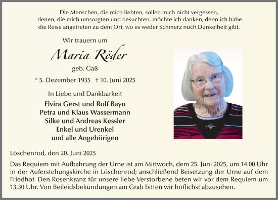 Traueranzeige von Maria Röder von FZ