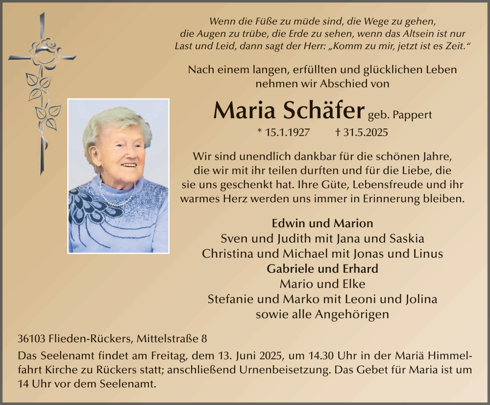  Traueranzeige für Maria Schäfer vom 10.06.2025 aus FZ