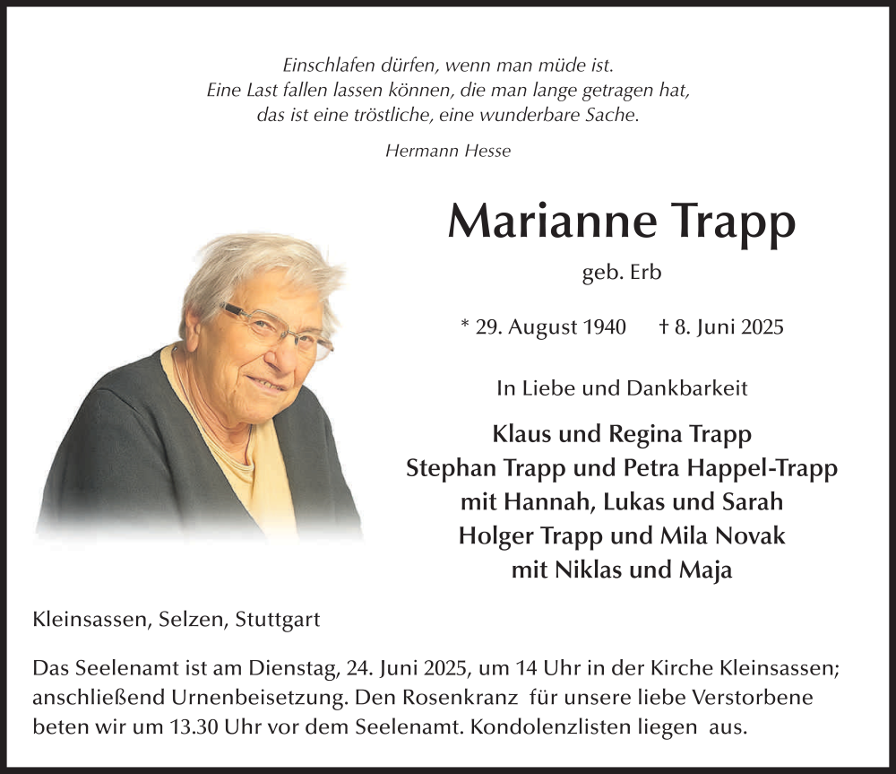  Traueranzeige für Marianne Trapp vom 21.06.2025 aus FZ
