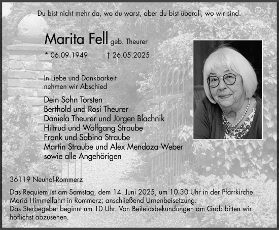 Traueranzeige von Marita Fell von FZ