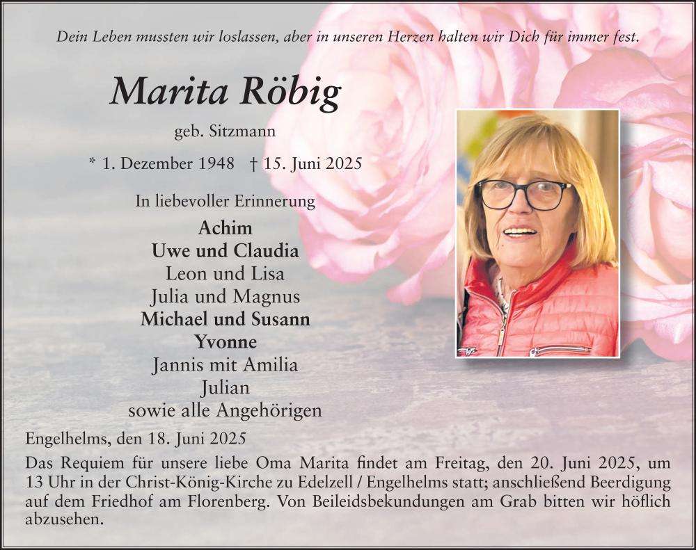  Traueranzeige für Marita Röbig vom 18.06.2025 aus FZ