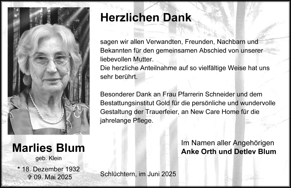  Traueranzeige für Marlies Blum vom 28.06.2025 aus FZ