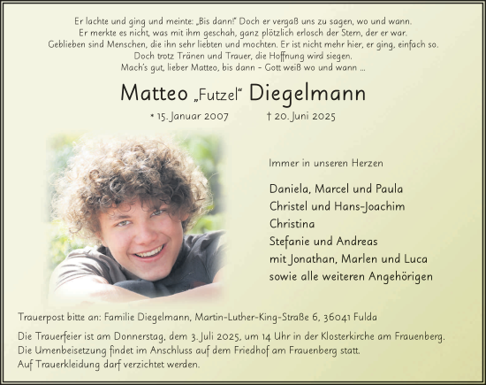 Traueranzeige von Matteo Diegelmann von FZ