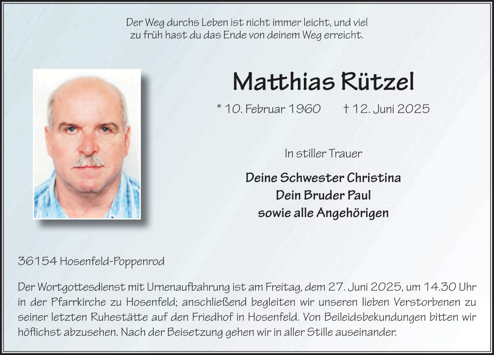  Traueranzeige für Matthias Rützel vom 24.06.2025 aus FZ