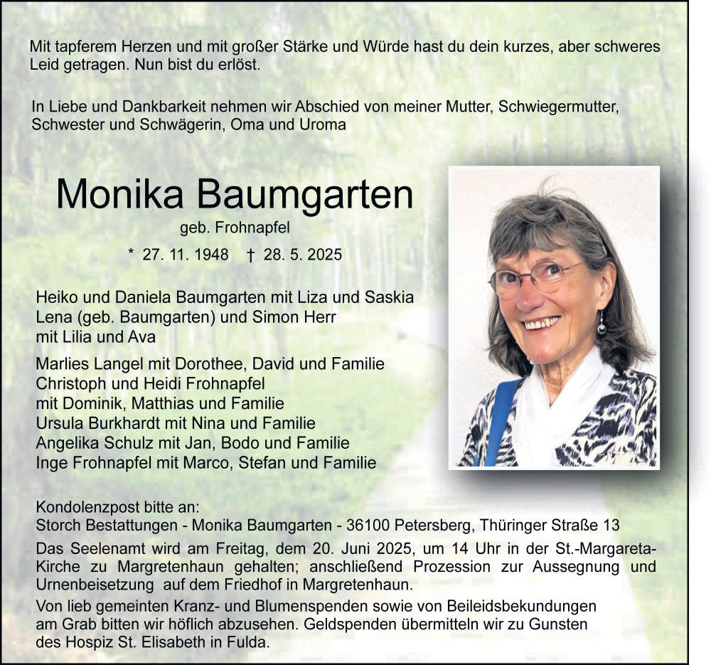  Traueranzeige für Monika Baumgarten vom 13.06.2025 aus FZ