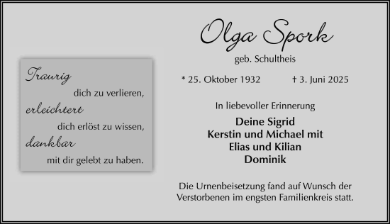Traueranzeige von Olga Spork von FZ
