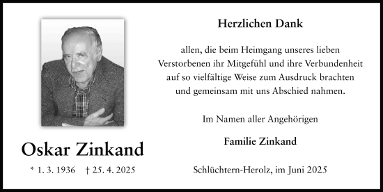 Traueranzeige von Oskar Zinkand von FZ