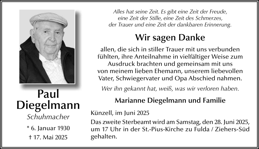  Traueranzeige für Paul Diegelmann vom 27.06.2025 aus FZ