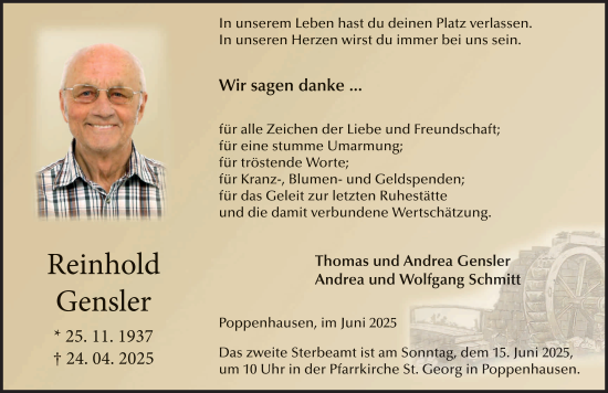 Traueranzeige von Reinhold Gensler von FZ