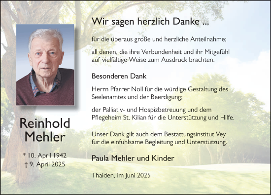 Traueranzeige von Reinhold Mehler von FZ