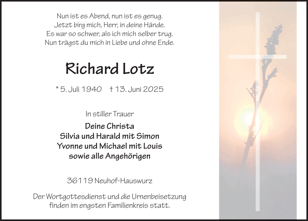 Traueranzeige für Richard Lotz vom 23.06.2025 aus FZ