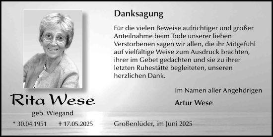 Traueranzeige von Rita Wese von FZ
