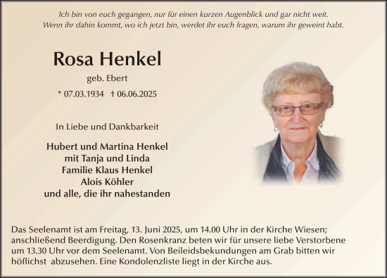 Traueranzeige von Rosa Henkel von FZ