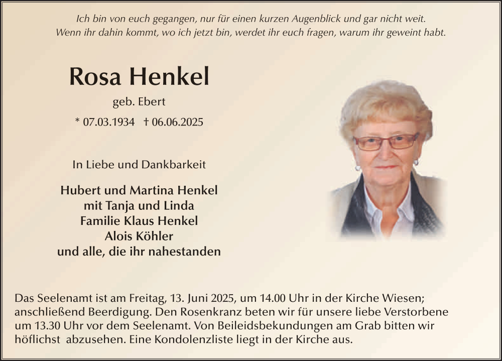  Traueranzeige für Rosa Henkel vom 11.06.2025 aus FZ