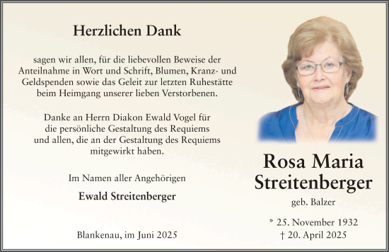 Traueranzeige von Rosa Maria Streitenberger von FZ