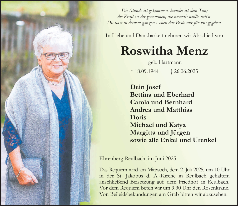  Traueranzeige für Roswitha Menz vom 30.06.2025 aus FZ