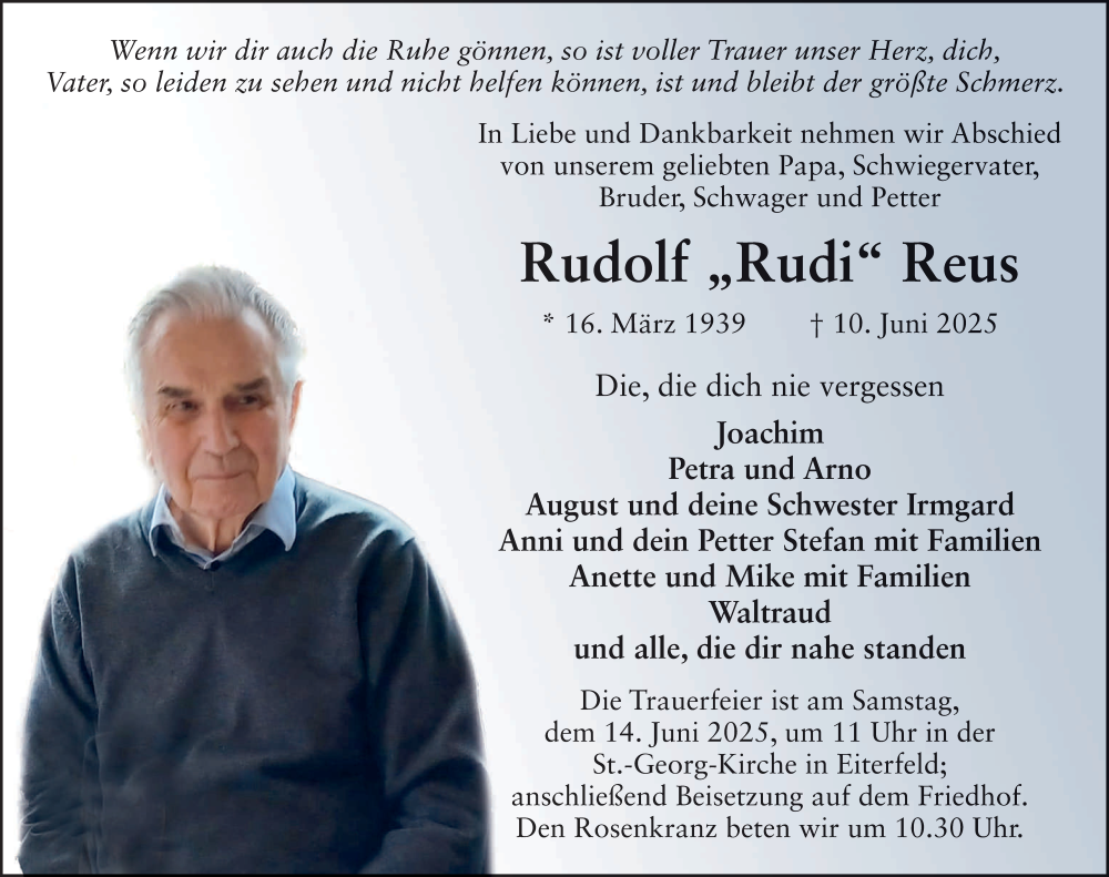  Traueranzeige für Rudolf Reus vom 12.06.2025 aus FZ