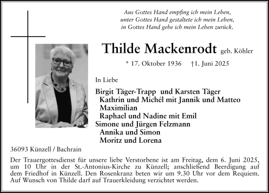 Traueranzeige von Thilde Mackenrodt von FZ