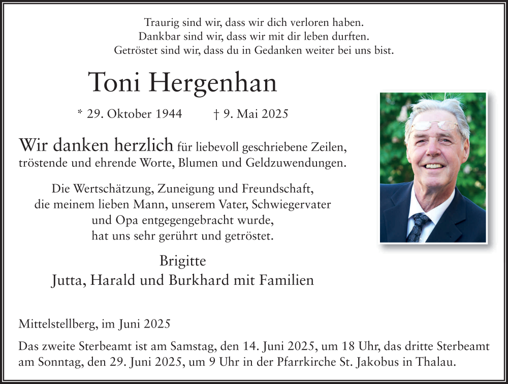  Traueranzeige für Toni Hergenhan vom 13.06.2025 aus FZ