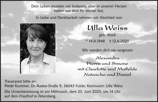 Traueranzeige von Ulla Weiss von FZ