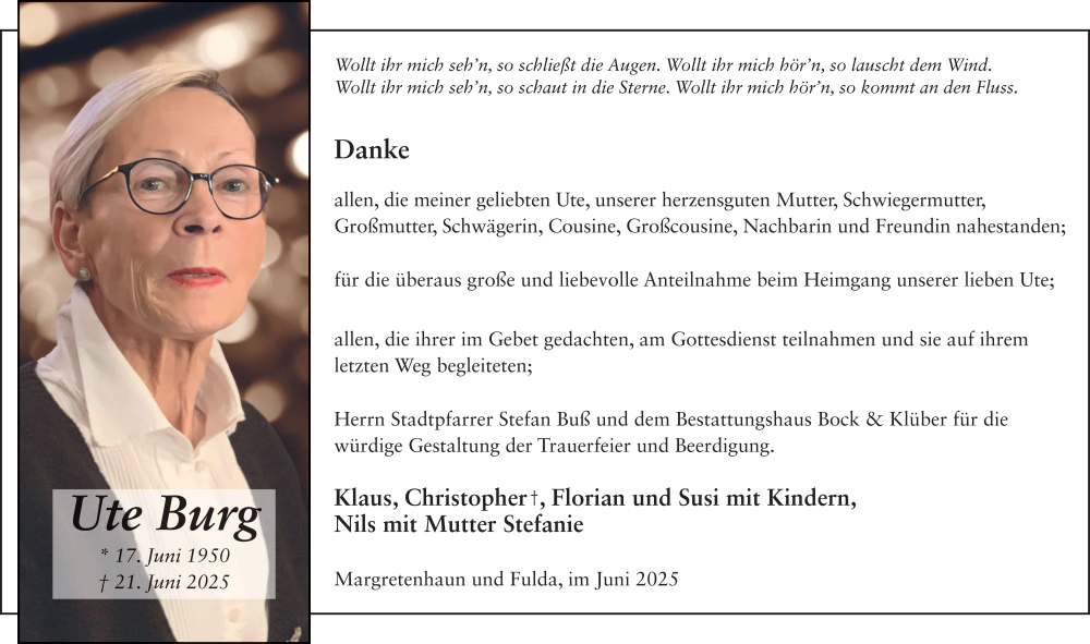  Traueranzeige für Ute Burg vom 28.06.2025 aus FZ
